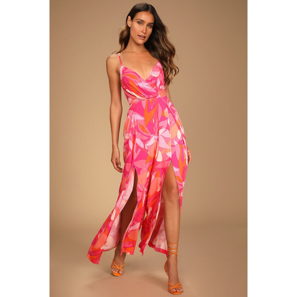 Lulus Tropical Temperament Pink Print Sleeveless Flyaway Jumpsuit - Size S